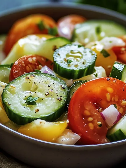 A bowl of vegetables including cucumbers, tomatoes, and onions.