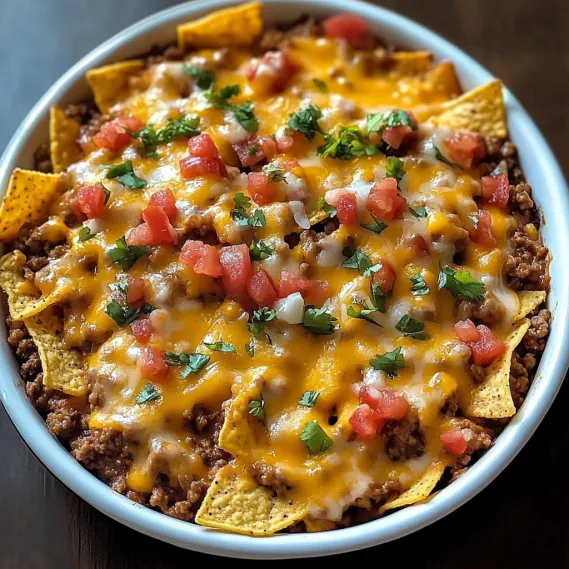 A plate of nachos with tomatoes and cheese.