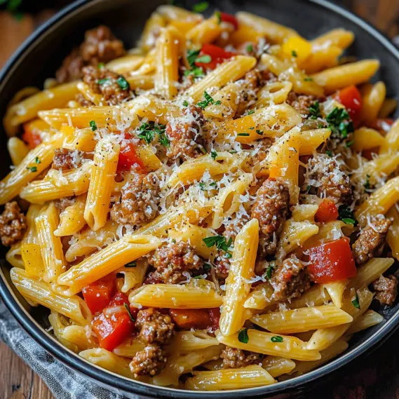 A bowl of pasta with meat and tomatoes.