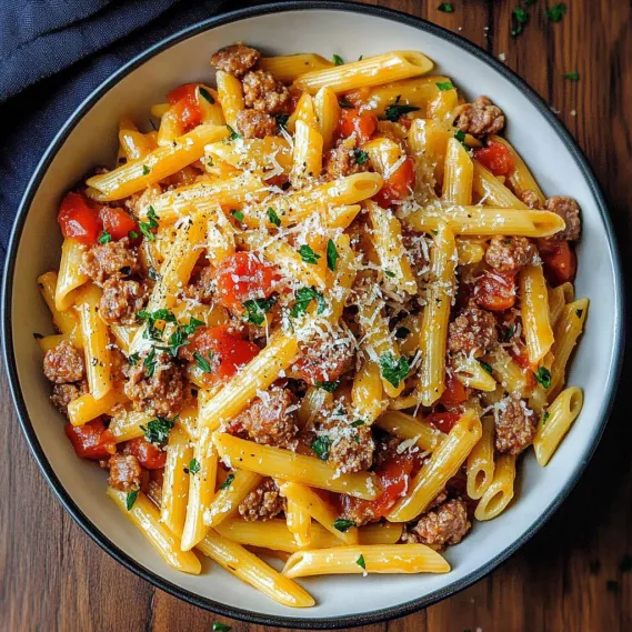 A bowl of pasta with meat and tomatoes.