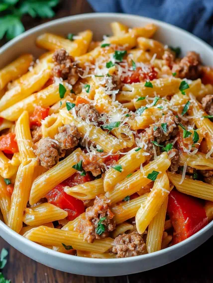 A bowl of pasta with meat and cheese.