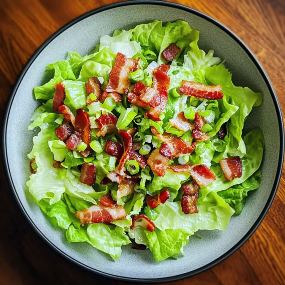 A bowl of salad with bacon and lettuce.