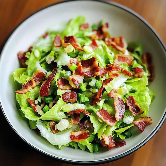 A bowl of salad with bacon and lettuce.