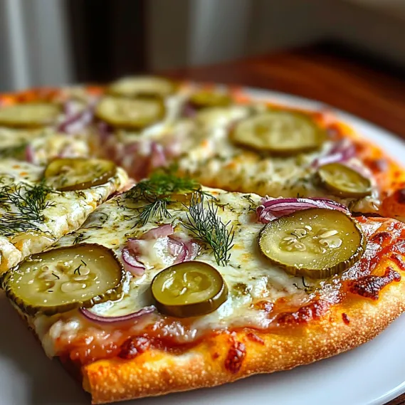 A pizza with pickles on top.