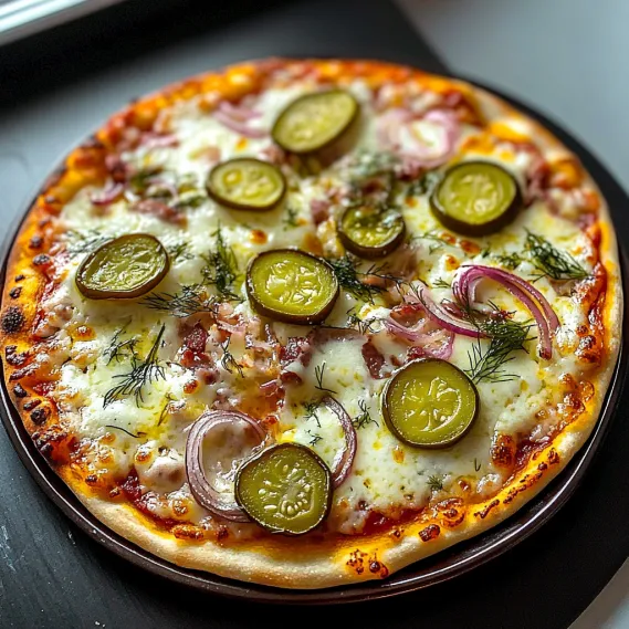 A pizza with pickles and cheese on top.