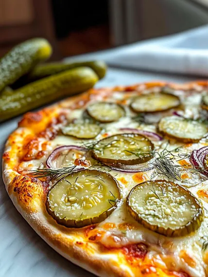 A pizza with pickles on top.