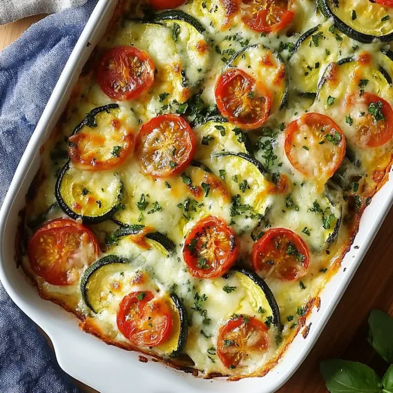 A dish of food with tomatoes and zucchini.