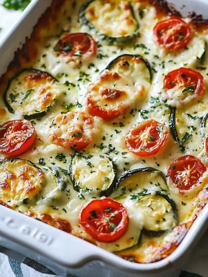 A casserole with tomatoes and zucchini.