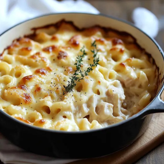 A bowl of macaroni and cheese with a sprig of parsley on top.