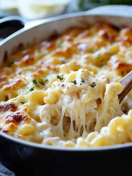 A close up of a baked macaroni and cheese dish.