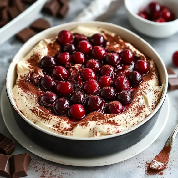A bowl of cake with chocolate and cherries.