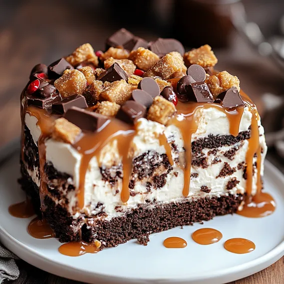 A slice of cake with chocolate and caramel drizzle.