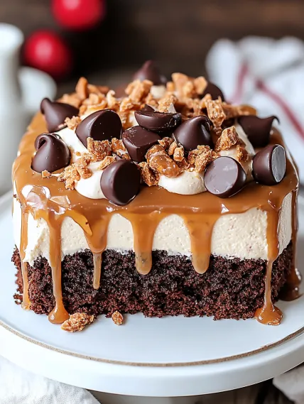 A slice of cake with chocolate and caramel drizzle.
