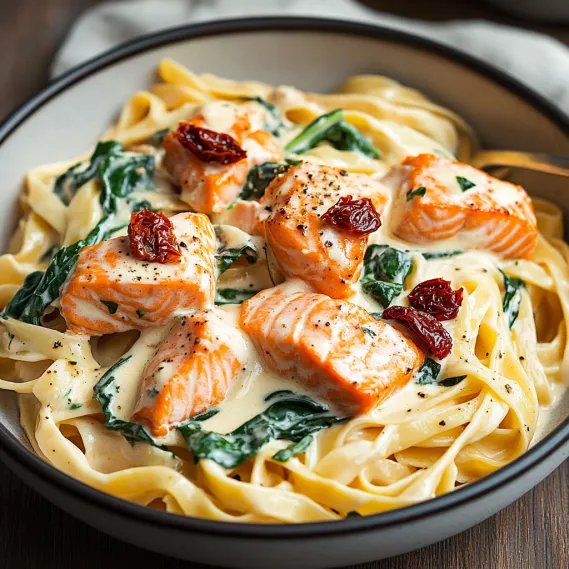 A bowl of pasta with salmon and spinach.