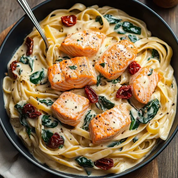 A bowl of pasta with salmon and tomatoes.