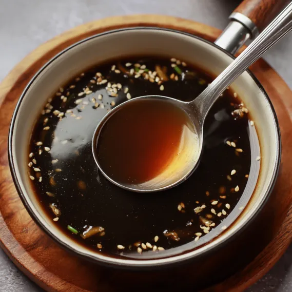 A spoon in a bowl of soup.