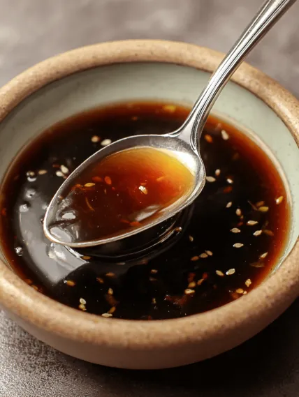 A spoon is in a bowl of soup.