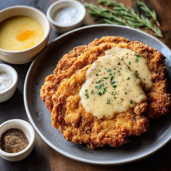 A plate of food with a sauce on top.