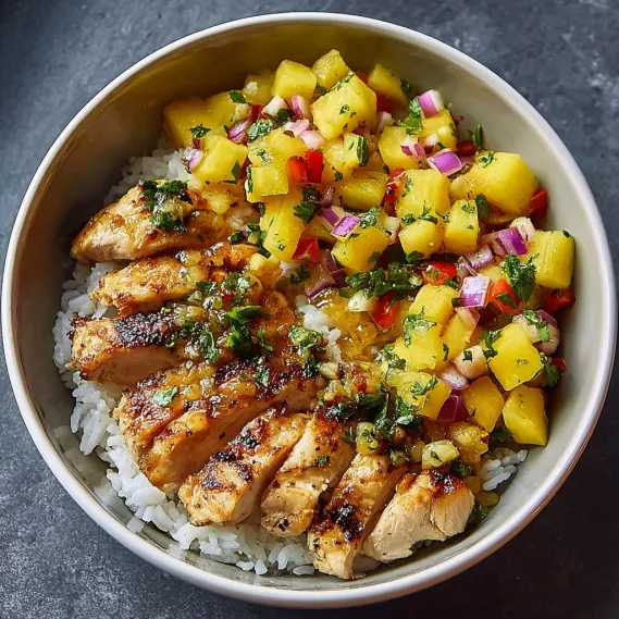 A bowl of food with rice and pineapple.