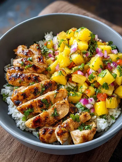 A bowl of food with chicken, rice, and pineapple.