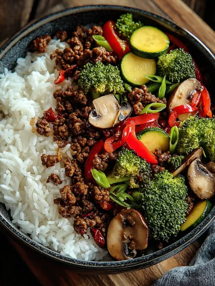 A bowl of rice and meat with mushrooms and peppers.