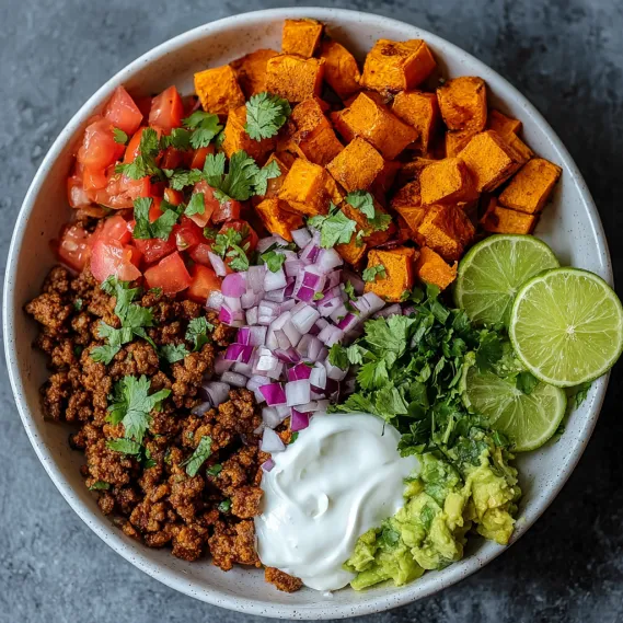 A bowl of food with meat, onions, tomatoes, and avocado.