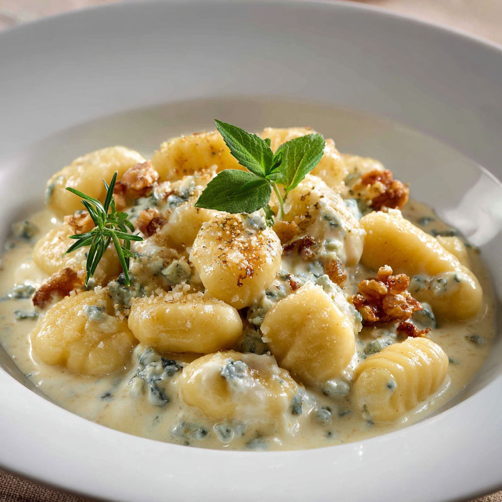 A serving of gnocchi in creamy gorgonzola sauce with parsley garnish.
