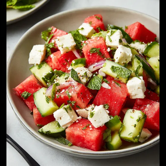 A bowl of watermelon and cucumber salad.