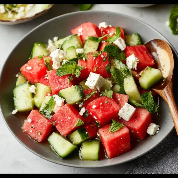 A bowl of watermelon with feta cheese and mint.
