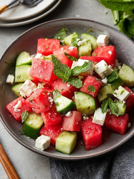A bowl of watermelon and cucumber salad.