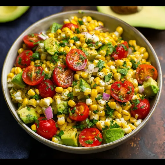 A bowl of food with tomatoes, corn, and avocado.
