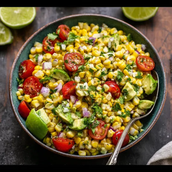 A bowl of food with tomatoes, corn, and lime.