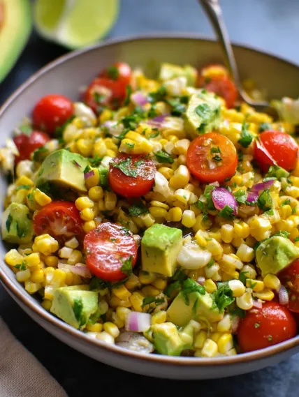 A bowl of food with tomatoes, corn, and avocado.