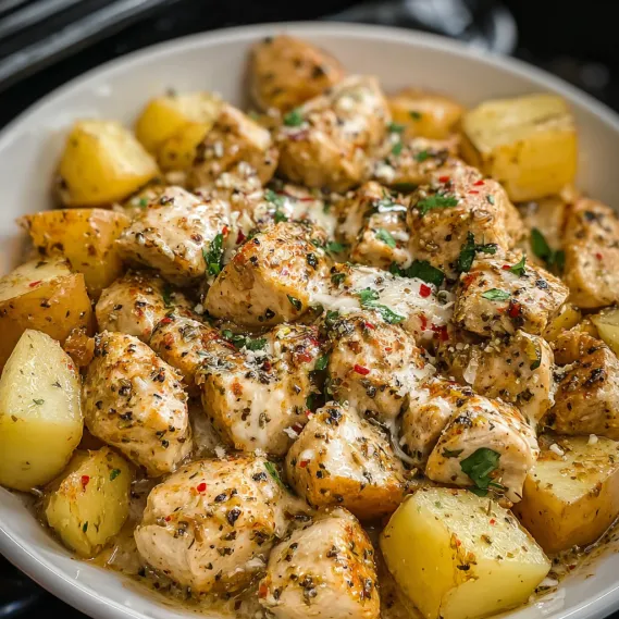 A bowl of chicken and potatoes.