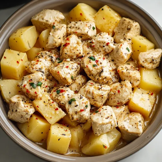 A bowl of chicken and potatoes.