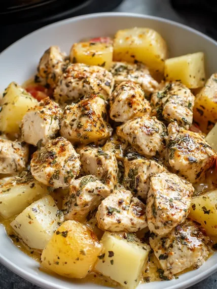 A bowl of chicken and potatoes.