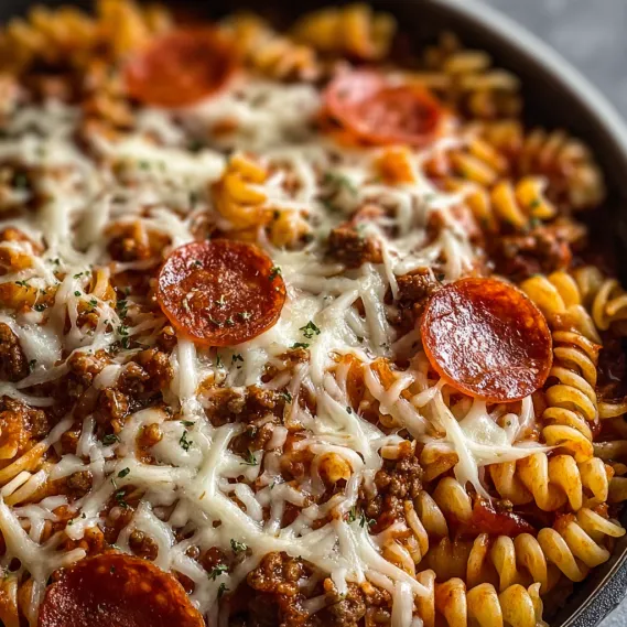 A bowl of spaghetti with pepperoni and cheese.