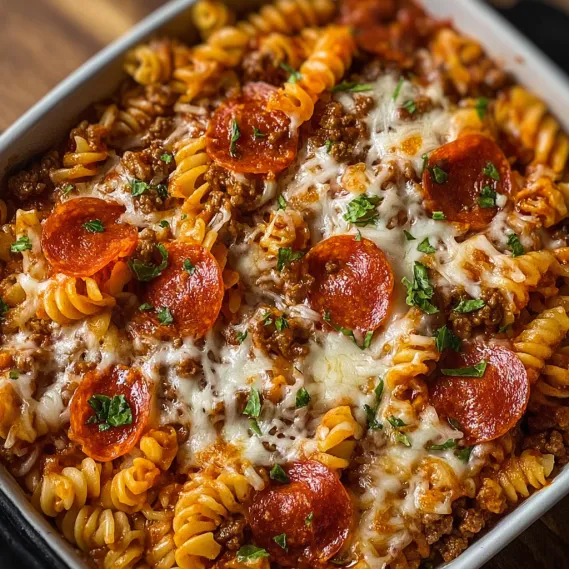 A bowl of pasta with pepperoni and cheese.