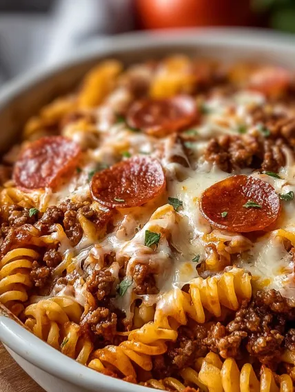 A bowl of pasta with pepperoni and cheese.
