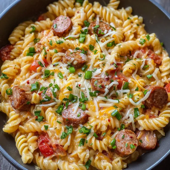 A bowl of pasta with sausage and cheese.