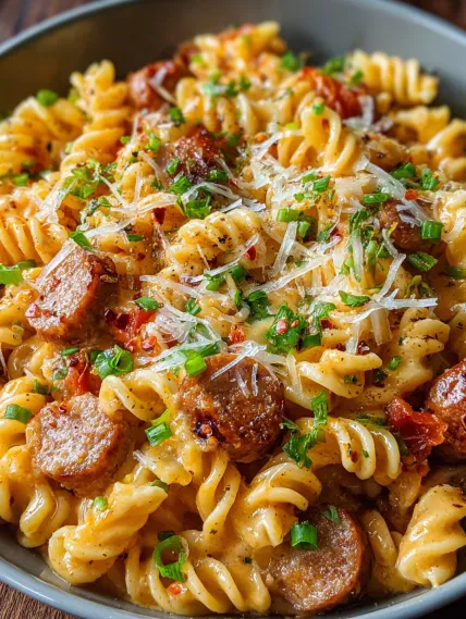 A plate of pasta with sausage and cheese.