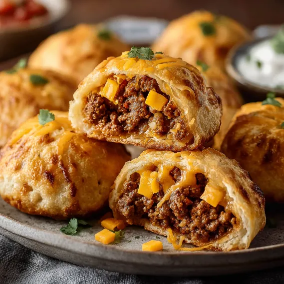 A plate of food with a meat filled pastry.