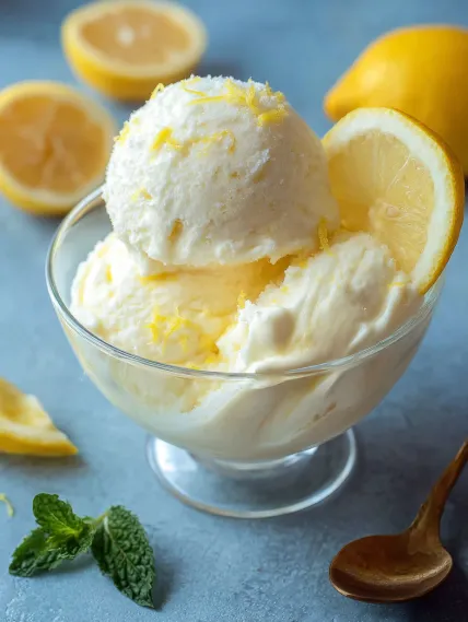 A bowl of ice cream with lemon wedges.