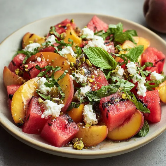 A bowl of fruit with mint and feta cheese.
