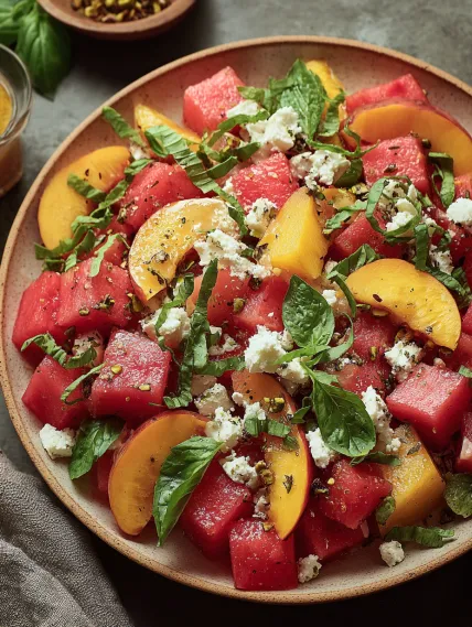 A bowl of fruit with watermelon, peaches, and feta cheese.