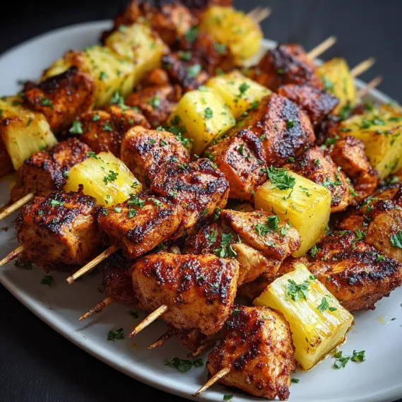 A plate of food with a pineapple stick.