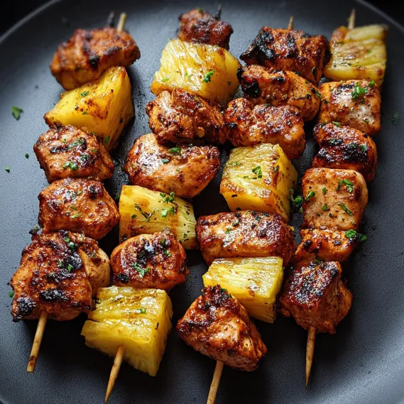 A plate of meat skewers with pineapple and lime.