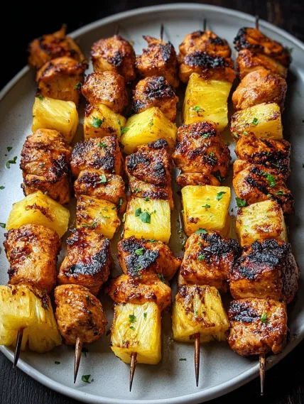 A plate of shish kabob with pineapple and lime.
