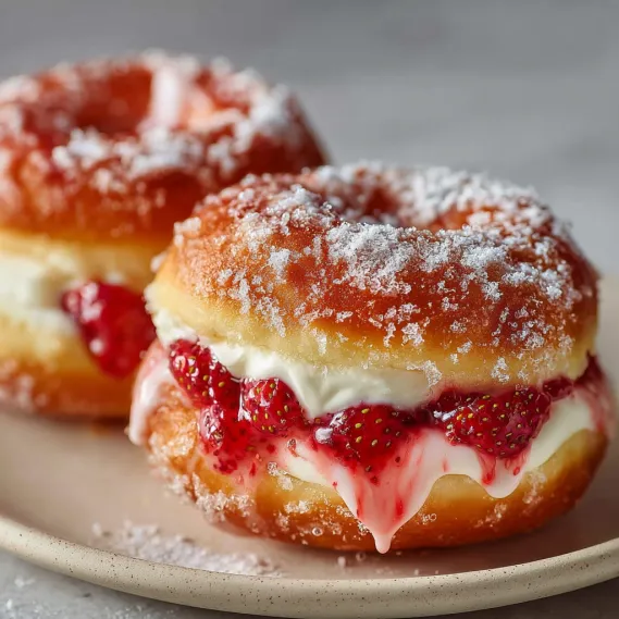Two donuts with strawberry and whipped cream.