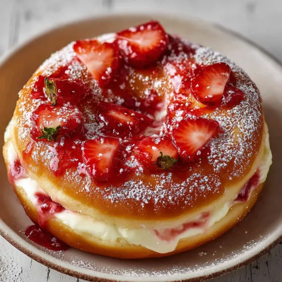 A plate of strawberry shortcake with powdered sugar.